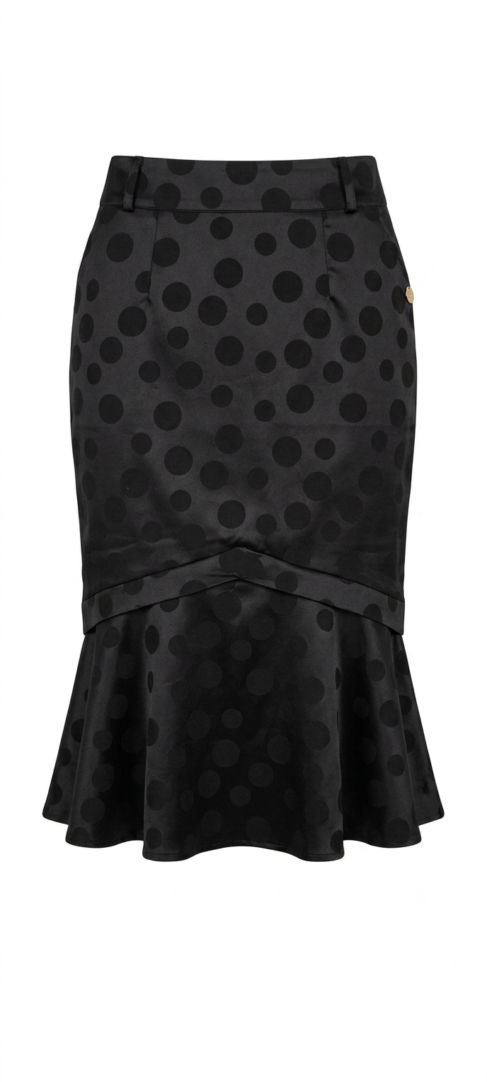 Saia Midi Sereia Cetim Poá Preta - Tamanho G (Com Bolsos e Zíper Invisível!)