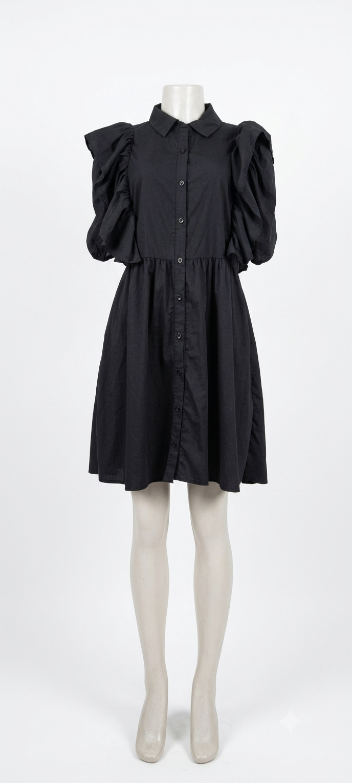 Vestido preto linho com viscose, manga princesa, estilo elegante e casual