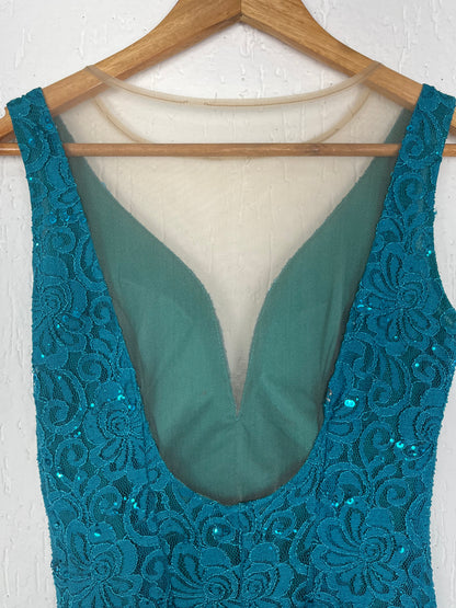 Vestido de Festa Longo Renda e Paetês Azul