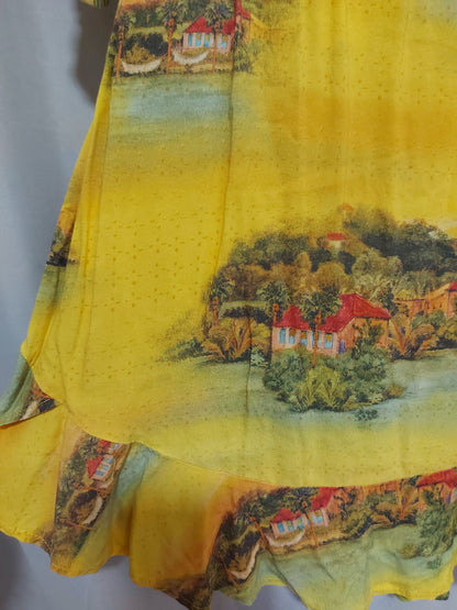 Vestido curto manga longa Farm_ estampa casinhas tropicais, tamanho G de etiqueta mas serve um M