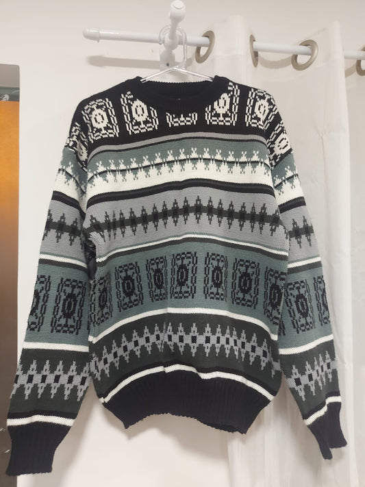Suéter de tricô feminino estilo americano em tons de preto, verde e branco, lindíssimo, serve tamanho M/G, em excelente estado!!!