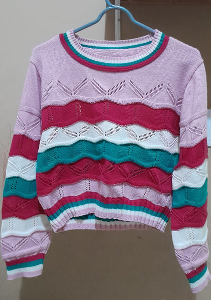 Blusa de Tricô Cropped Color Block - Rosa, Magenta e Verde P/M