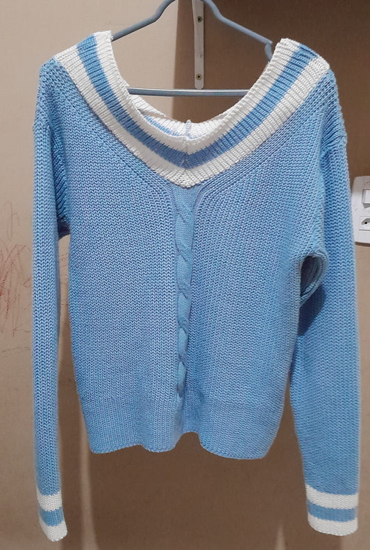 Suéter Feminino Estilo College Azul e Branco - Tricô Trançado M