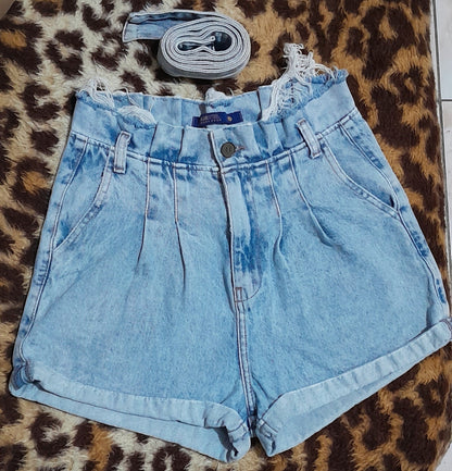Short Jeans Clochard Bluee Steel Cintura Alta Com Cinto - Tam 36