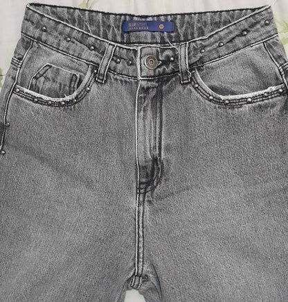 Calça Jeans Mom Blue Steel Cinza com Tachas Rocker tam 34