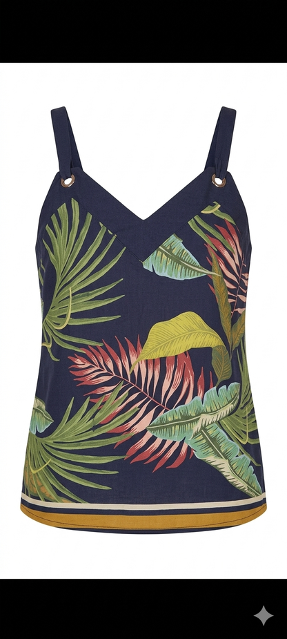 Blusa Regata Alças Argola Estampa Tropical Tam 44 Leve e Fresquinha