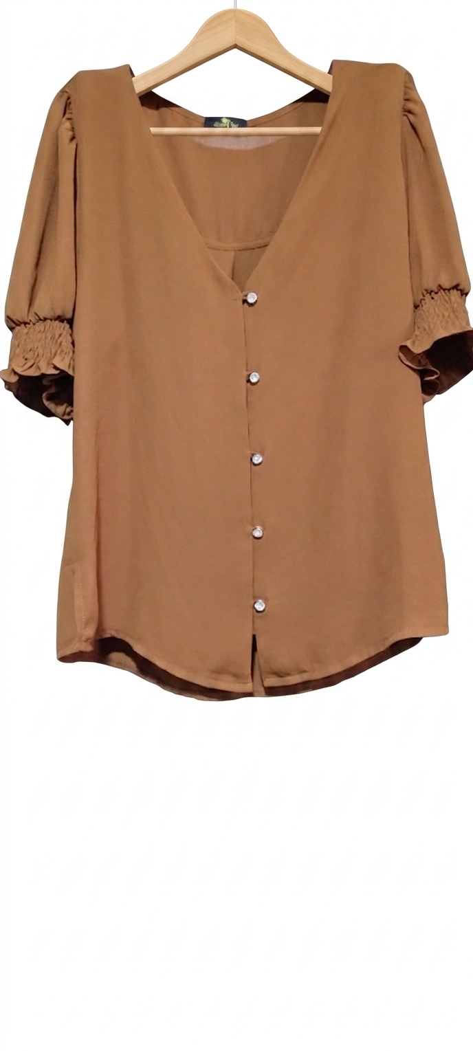 Blusa Social em Crepe Marrom – Manga Princesa e Botões Pedraria (Tam G)