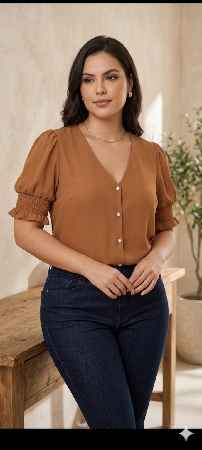 Blusa Social em Crepe Marrom – Manga Princesa e Botões Pedraria (Tam G)