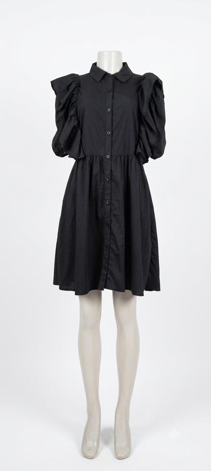 Vestido preto linho com viscose, manga princesa, estilo elegante e casual