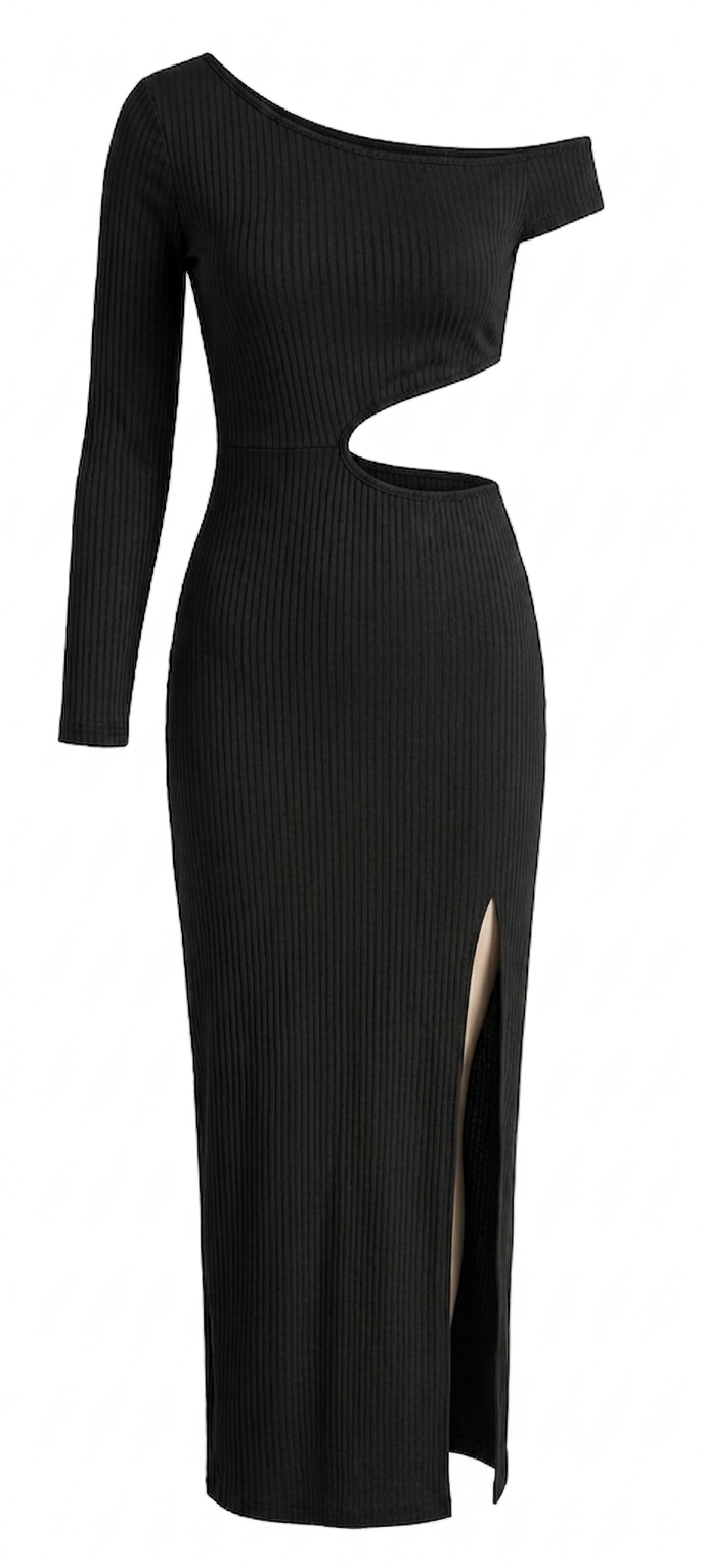 Vestido Midi Canelado Recorte Vazado e Fenda - Preto - Tam P