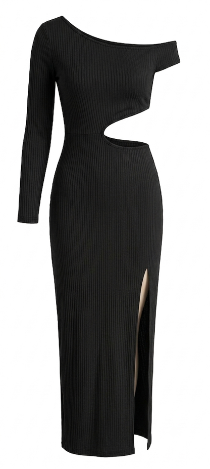 Vestido Midi Canelado Recorte Vazado e Fenda - Preto - Tam P