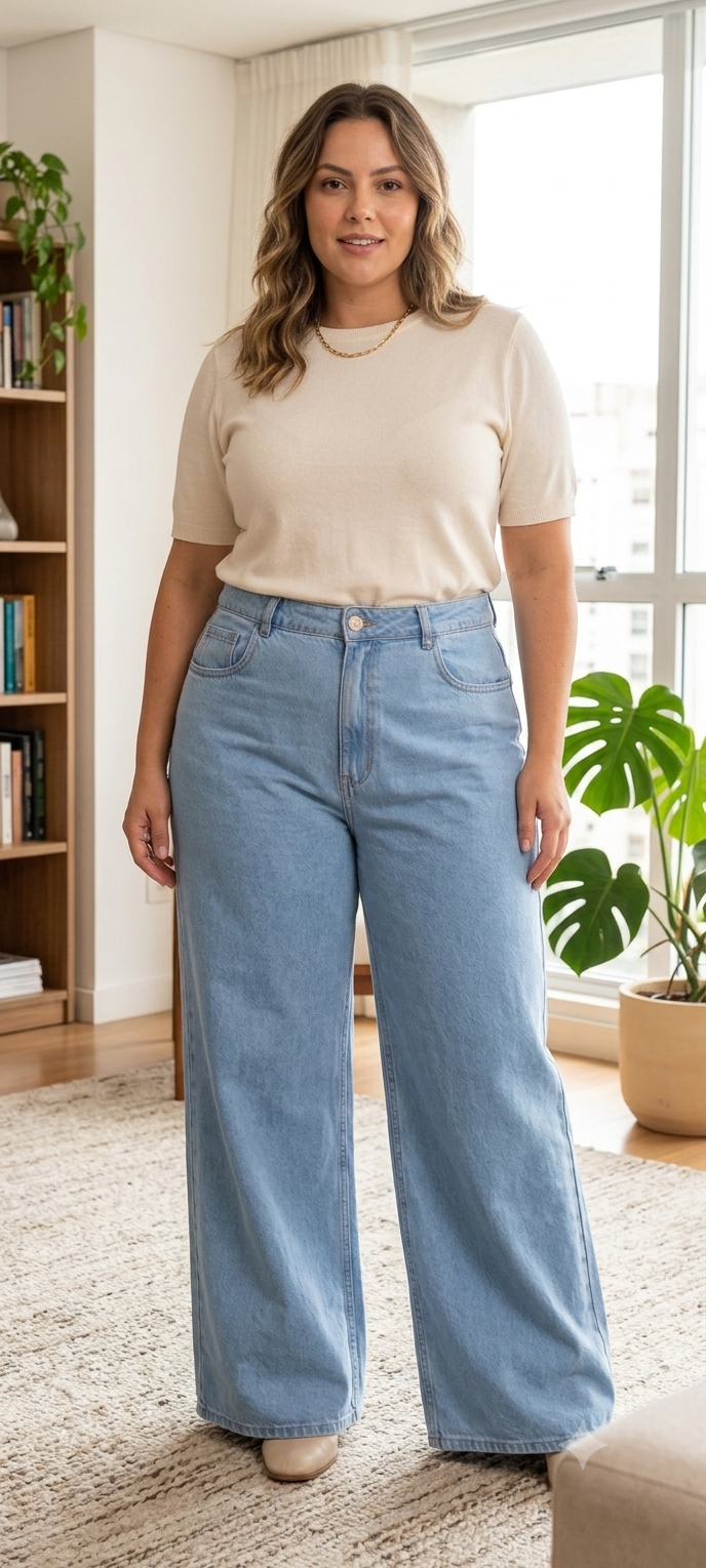 Calça Jeans Wide Leg Azul Claro – Tam 44 (Confortável e Versátil)