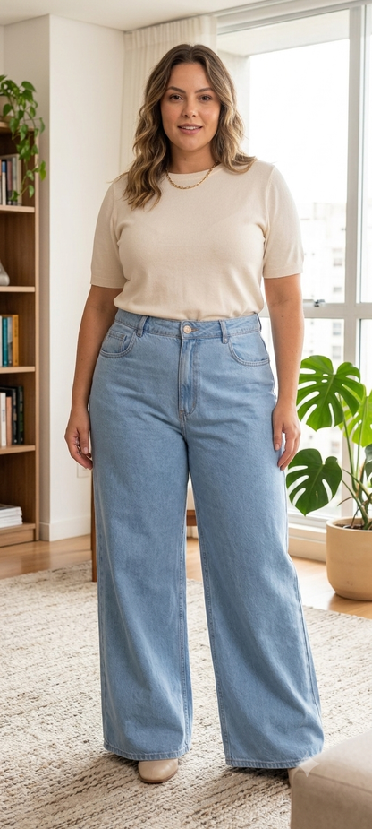 Calça Jeans Wide Leg Azul Claro – Tam 44 (Confortável e Versátil)