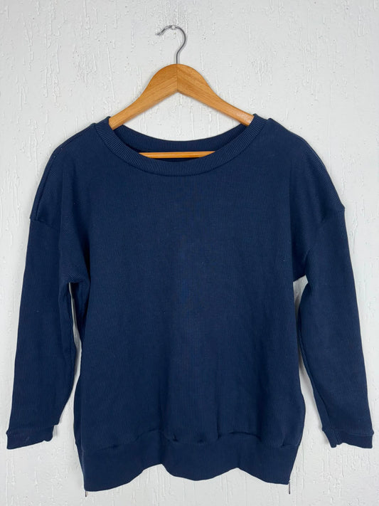 Blusa de Moletom Canelado com Zíper Lateral – Azul Marinho Tamanho G