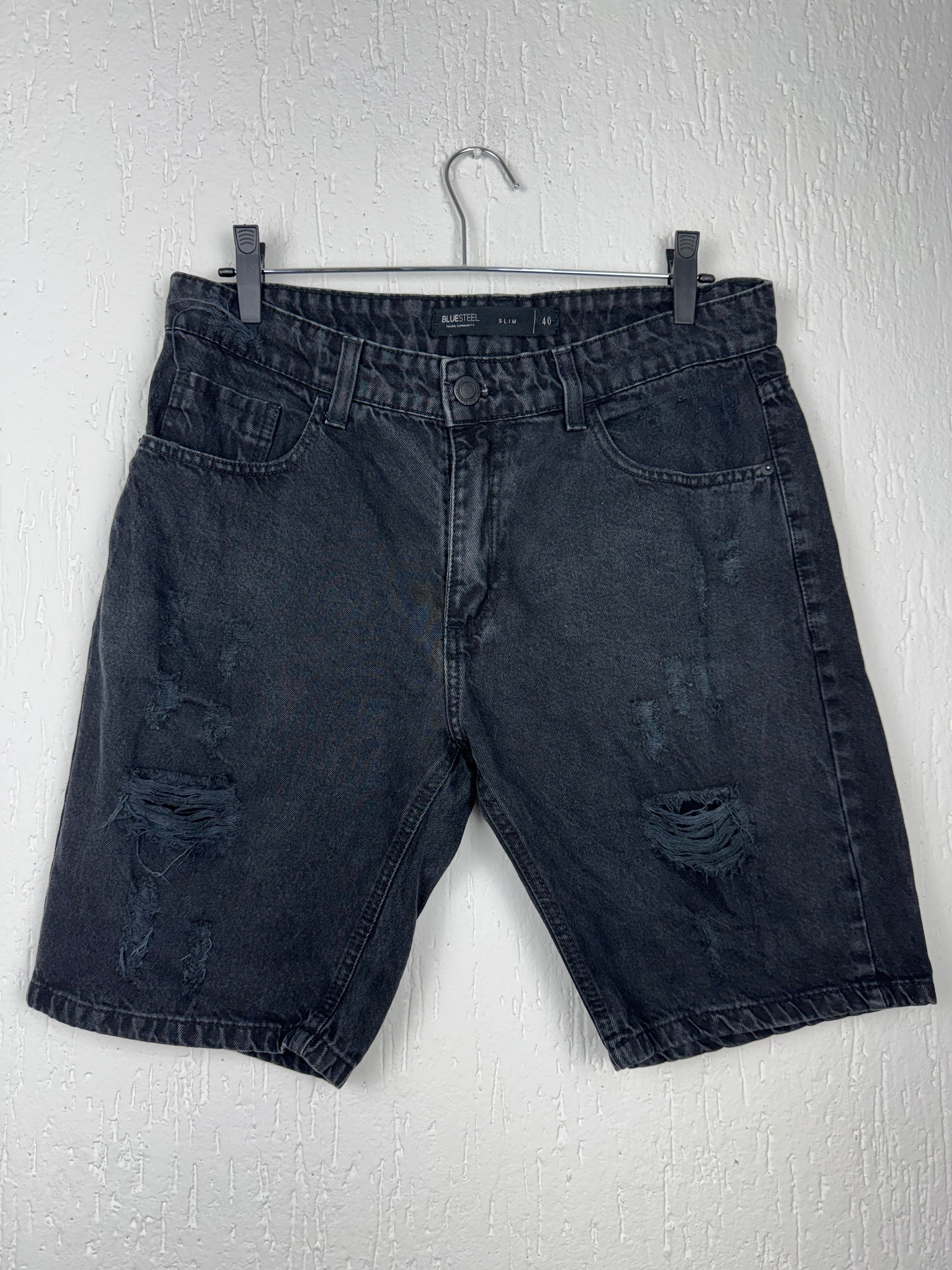 Bermuda Jeans Blue Steel Preta Destroyed Slim