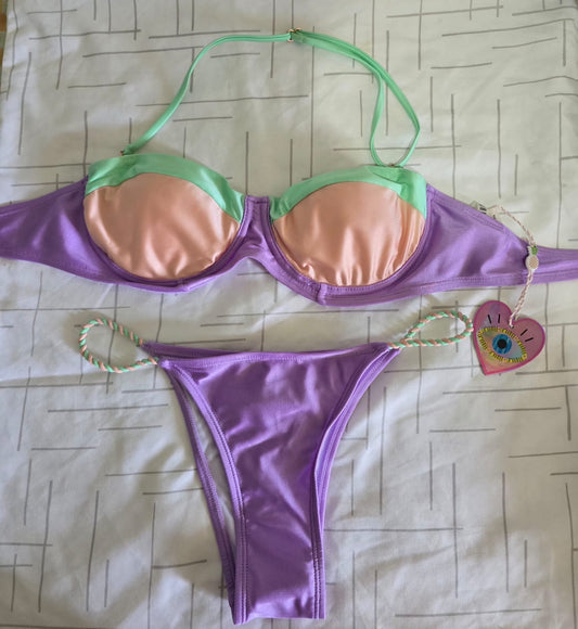 Biquíni Lilás com Bojo Verde Menta e Pêssego