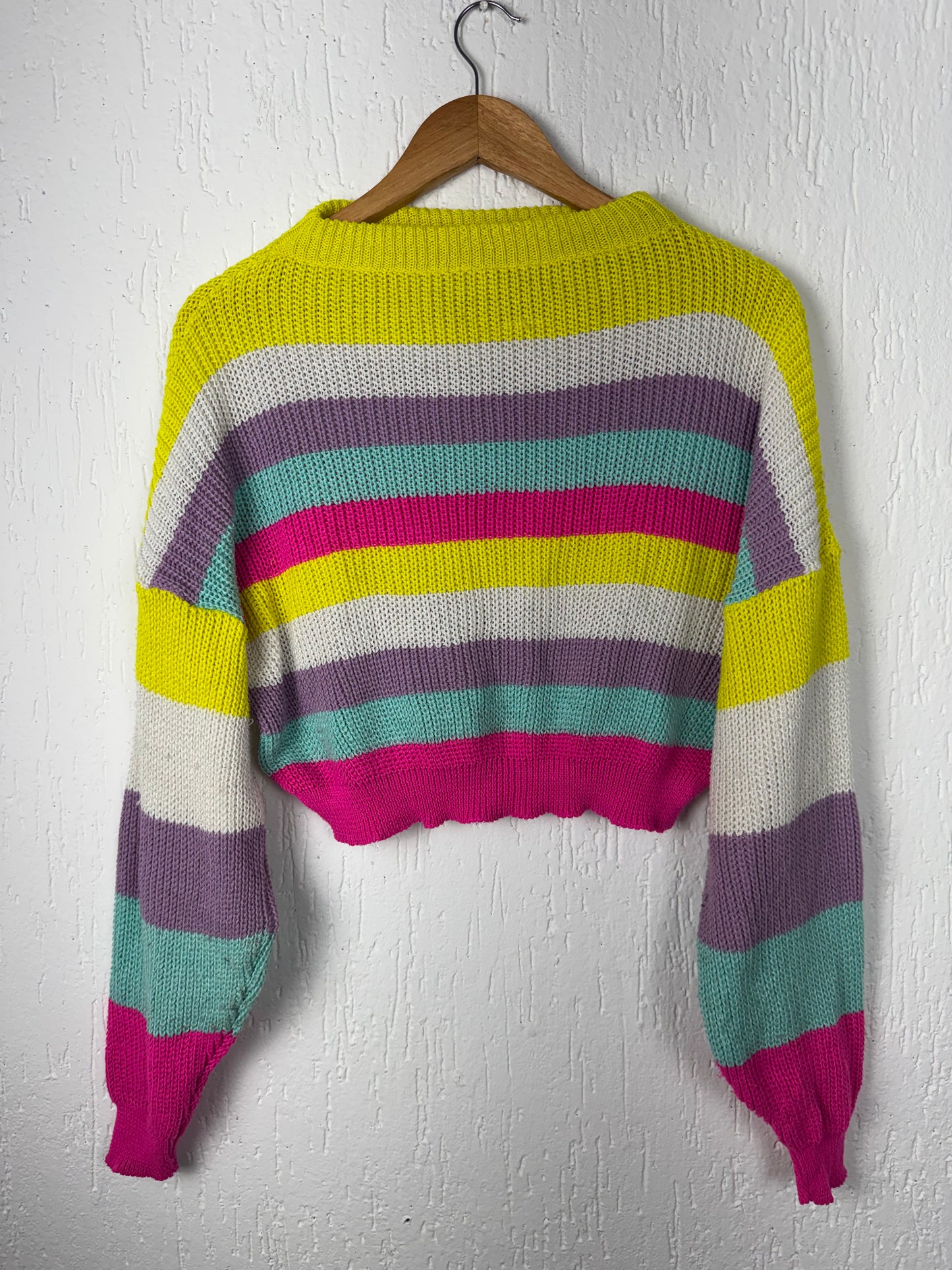 Suéter Tricô Cropped Feminino Listrado Color Block