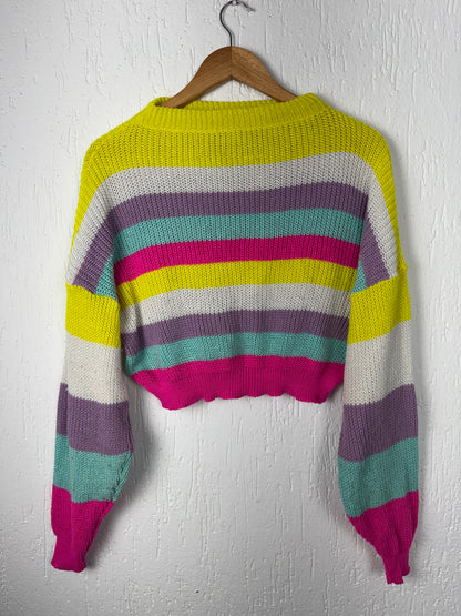 Suéter Tricô Cropped Feminino Listrado Color Block