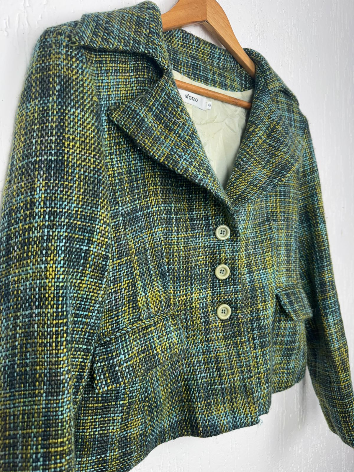 Casaco Blazer Feminino em Tweed Sfarzo – Tons Verdes e Mostarda  tamanho M