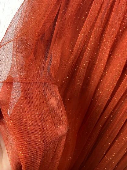 Vestido de Festa Longo Terracota com Brilho - Um Ombro Só