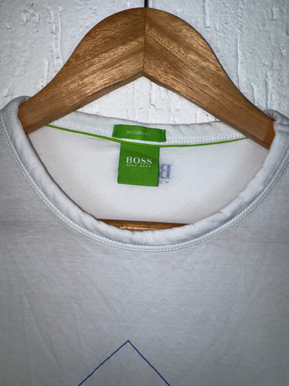 Camiseta Hugo Boss Branca com Logo Geométrico Azul