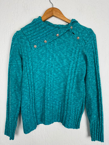 Blusa em Tricot Canelado com Gola Assimétrica e Botões – Verde Petróleo Tamanho M/G