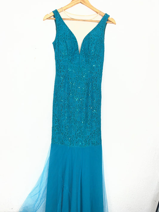 Vestido de Festa Longo Renda e Paetês Azul