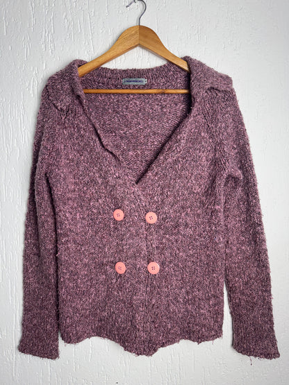 Suéter Tricô Bouclê Mescla Rosa e Roxo com Botões Marroc Feminino