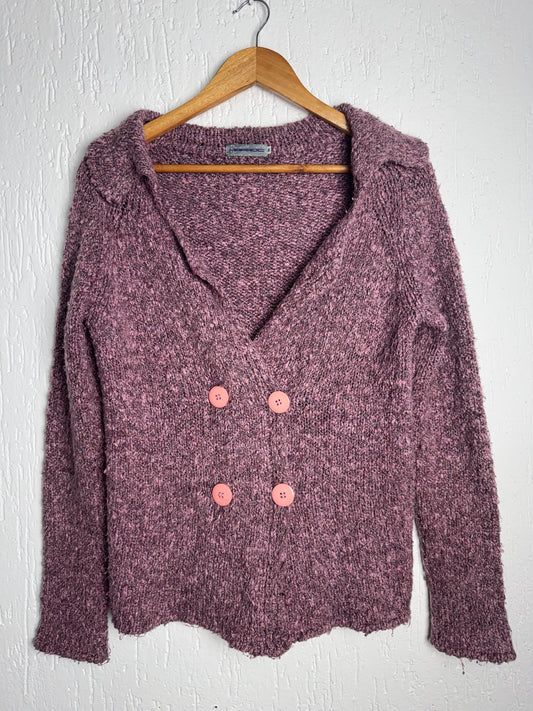 Suéter Tricô Bouclê Mescla Rosa e Roxo com Botões Marroc Feminino