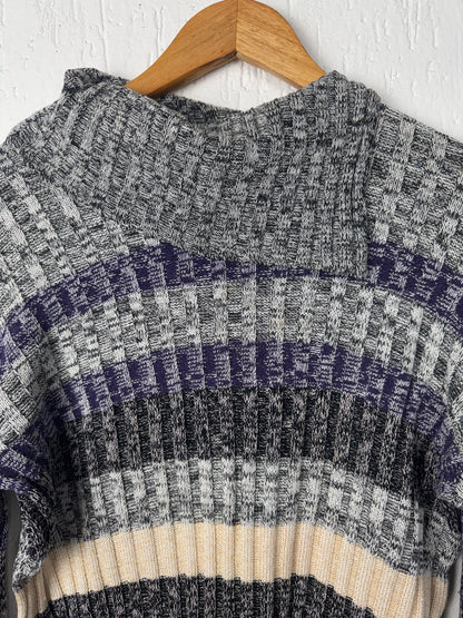 Suéter Tricot Vintage Gola Alta Listrado • Cinza, Roxo e Off-White