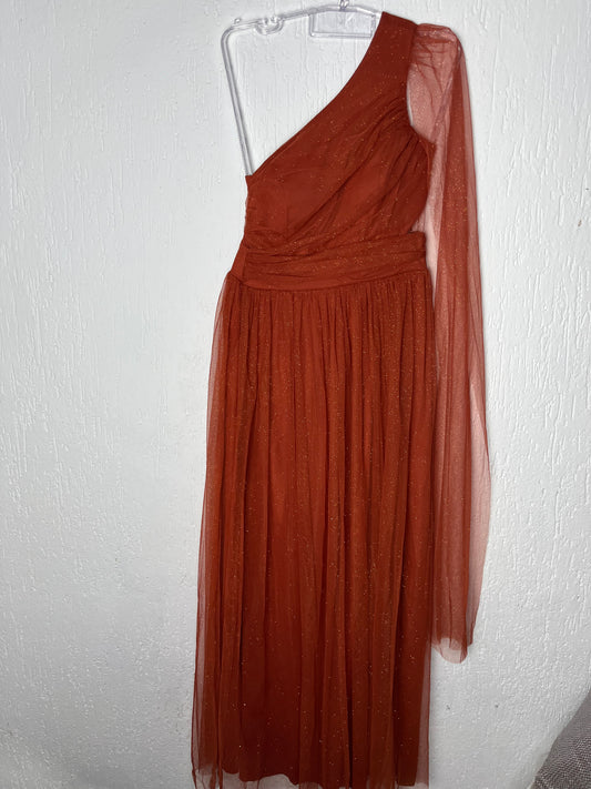 Vestido de Festa Longo Terracota com Brilho - Um Ombro Só