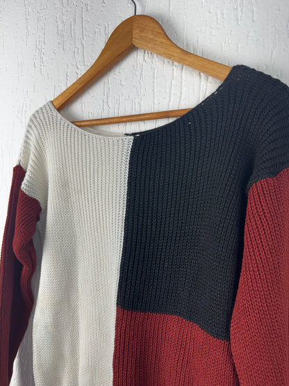 Suéter Tricô Color Block Off-White Preto Telha
