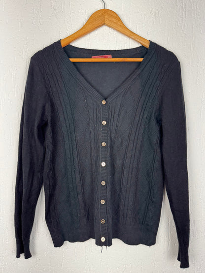 Cardigan Preto Tricô Gola V com Botões