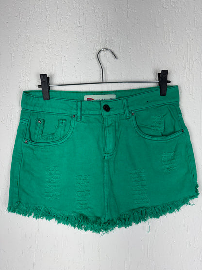 Saia Jeans Verde Destroyed Curta Barra Desfiada