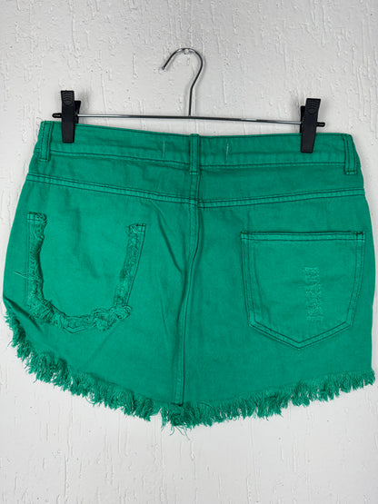 Saia Jeans Verde Destroyed Curta Barra Desfiada
