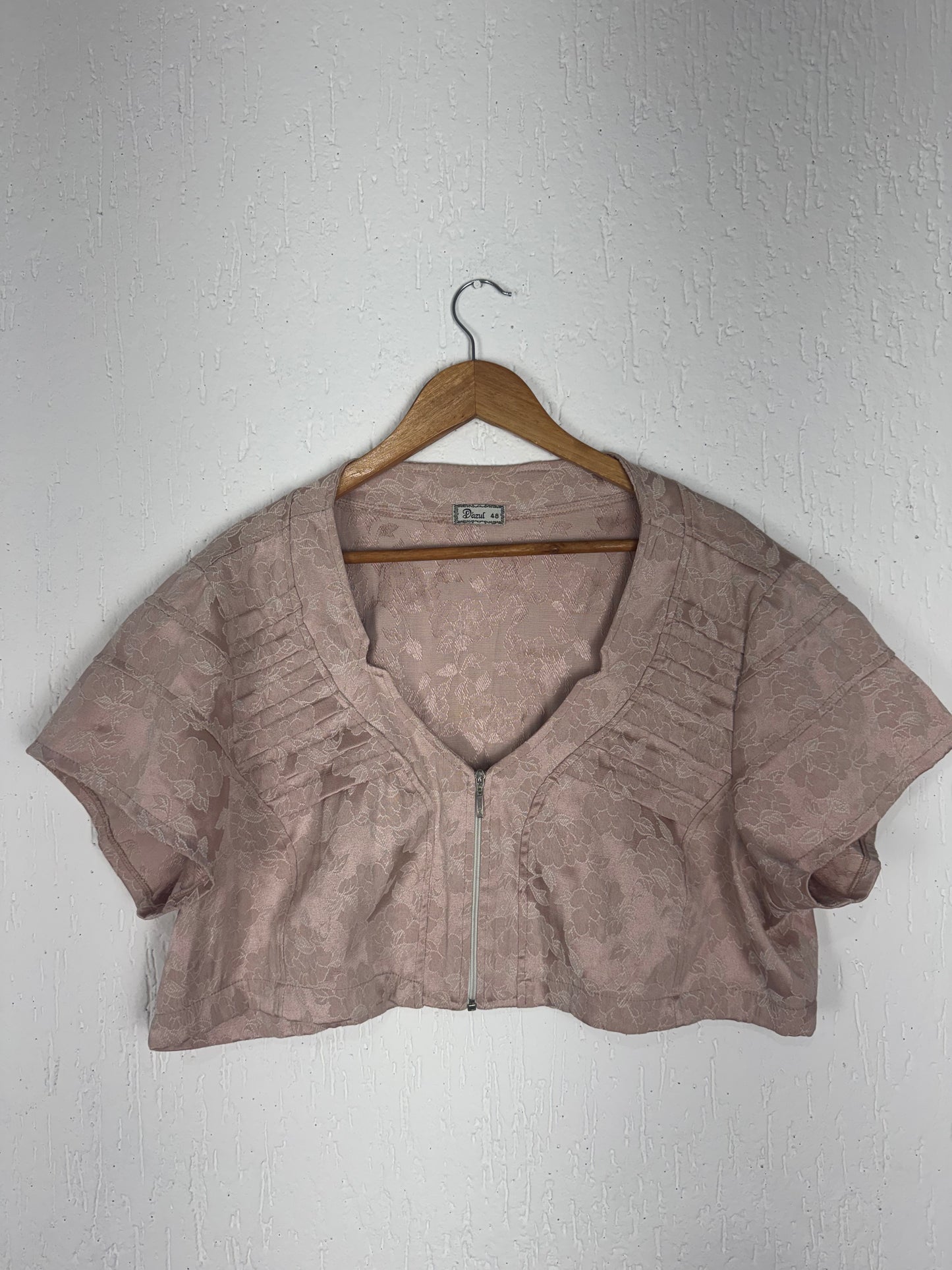 Bolero Cropped Jacquard Floral Rosê com Zíper