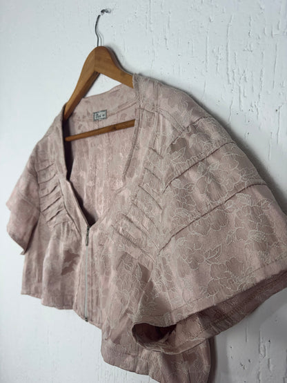 Bolero Cropped Jacquard Floral Rosê com Zíper