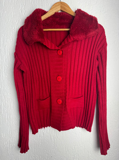 Cardigan Tricô Canelado Vermelho com Gola de Pelúcia Vintage Feminino | Tam M