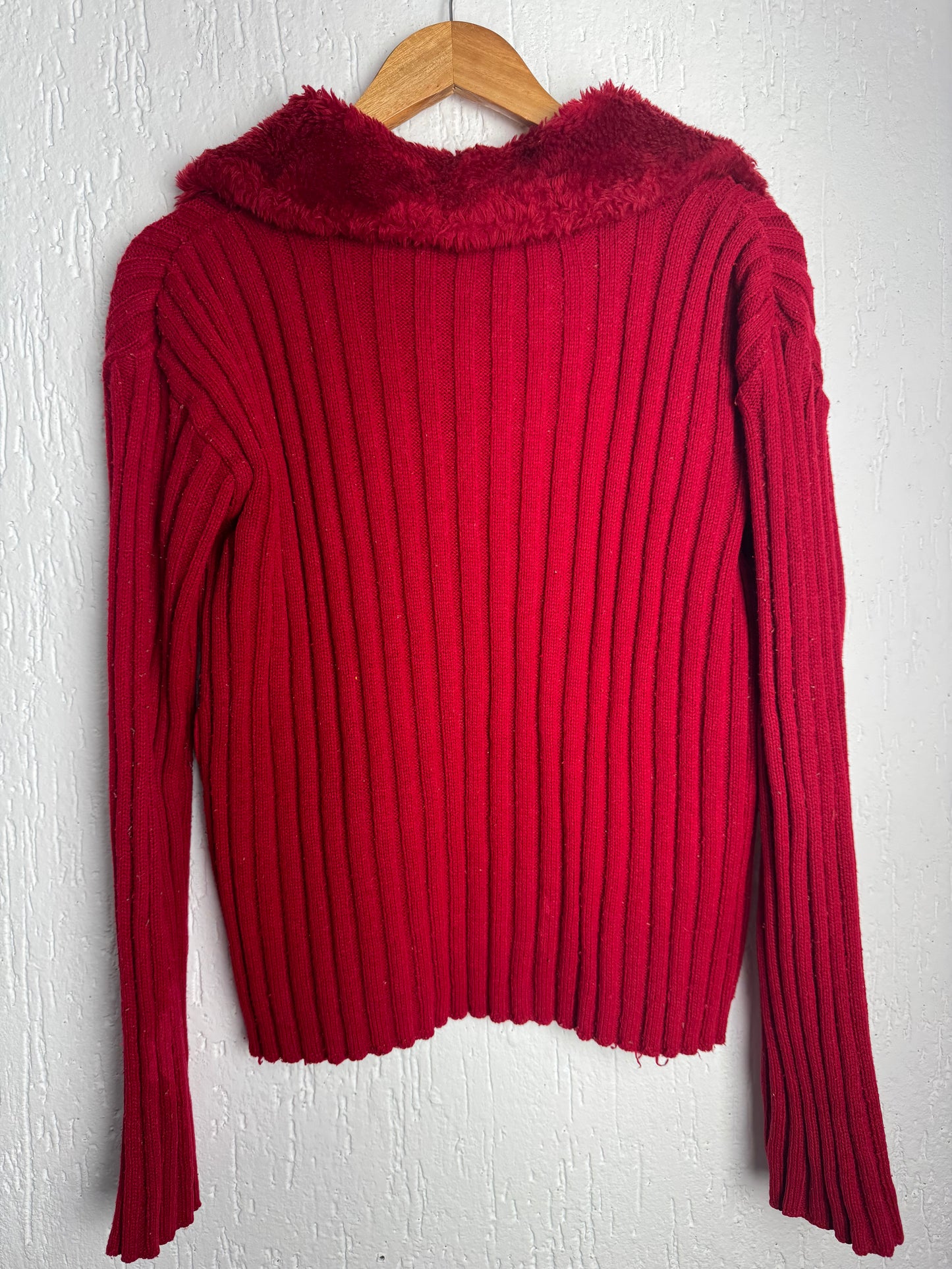 Cardigan Tricô Canelado Vermelho com Gola de Pelúcia Vintage Feminino | Tam M