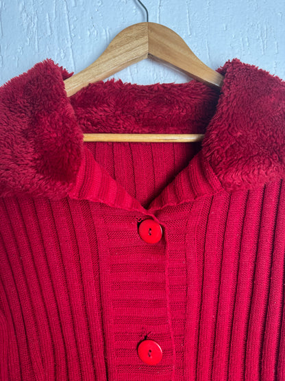 Cardigan Tricô Canelado Vermelho com Gola de Pelúcia Vintage Feminino | Tam M