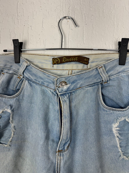 Calça Mom Jeans Destroyed Feminina Cintura Alta com Ilhoses Revest