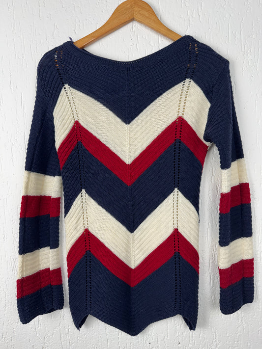 Blusa Tricot Chevron Marinho, Branco e Vermelho