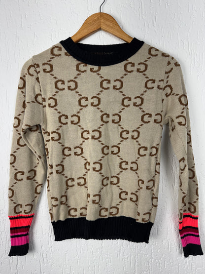 Suéter Tricot Bege Estampa Monograma com Punhos Neon