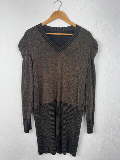 Vestido Tricot Lurex Dourado Mangas Bufantes Decote V