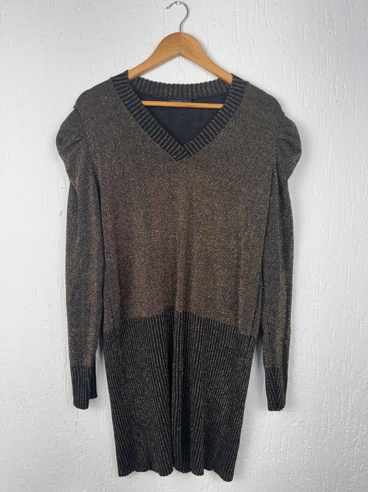 Vestido Tricot Lurex Dourado Mangas Bufantes Decote V