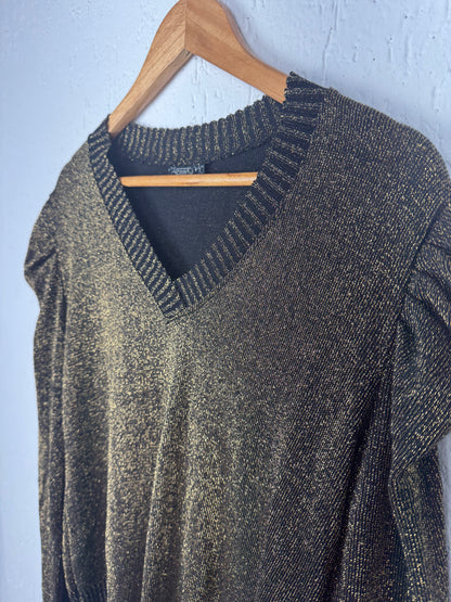 Vestido Tricot Lurex Dourado Mangas Bufantes Decote V
