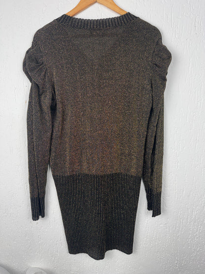Vestido Tricot Lurex Dourado Mangas Bufantes Decote V