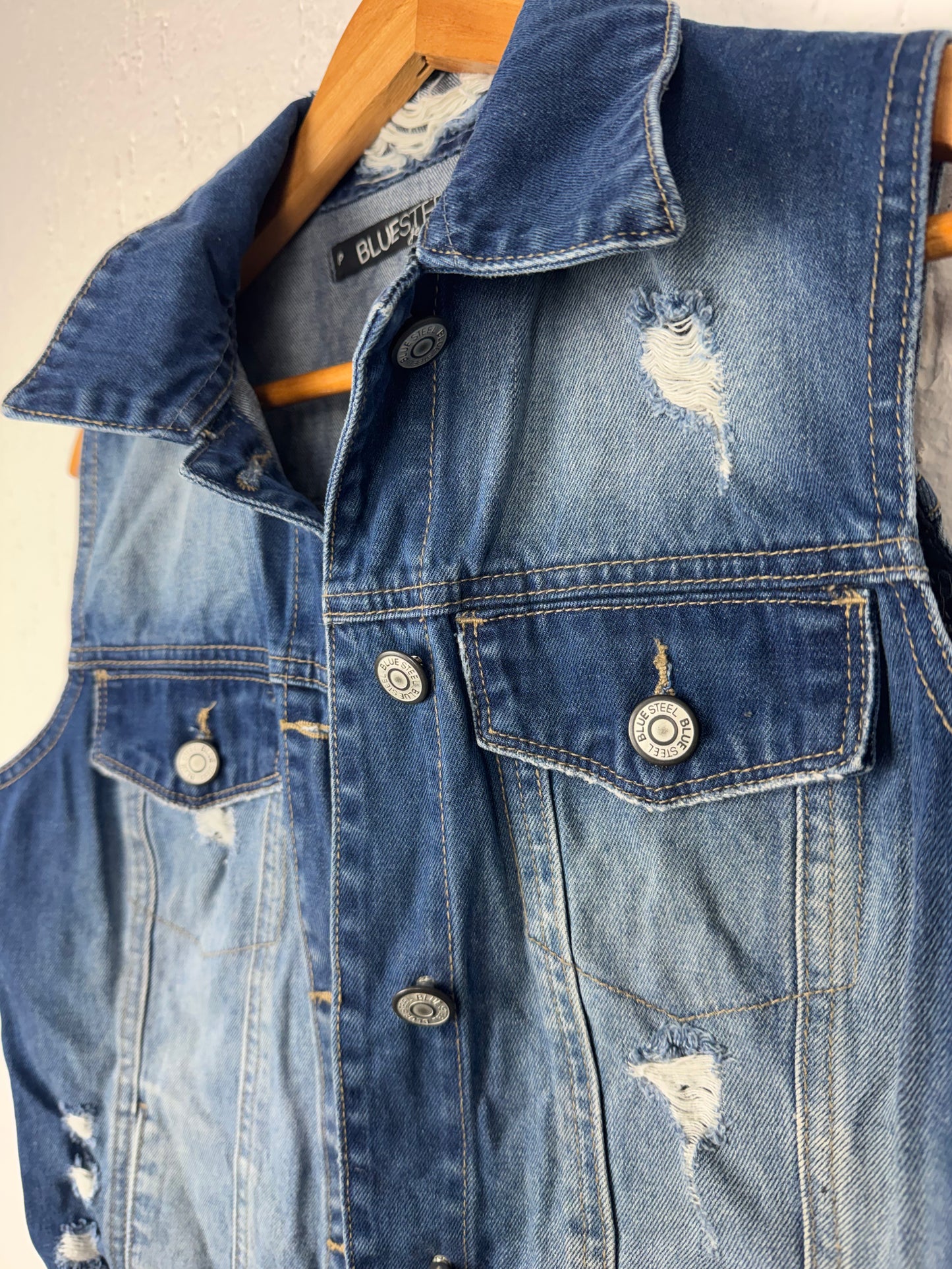 Colete Jeans Destroyed Azul Médio Blue Steel