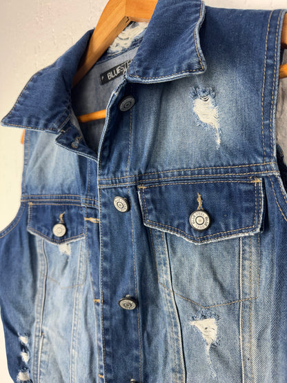 Colete Jeans Destroyed Azul Médio Blue Steel