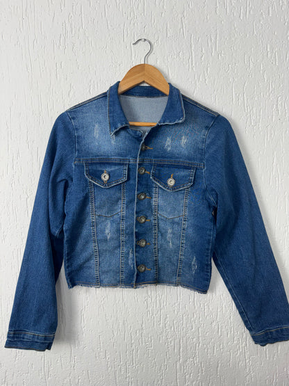 Jaqueta Jeans Cropped Lavagem Média Destroyed